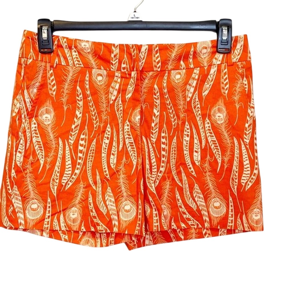 Cousin Earl Womens Orange White Feather Peacock Print Shorts Size 6 USA Made